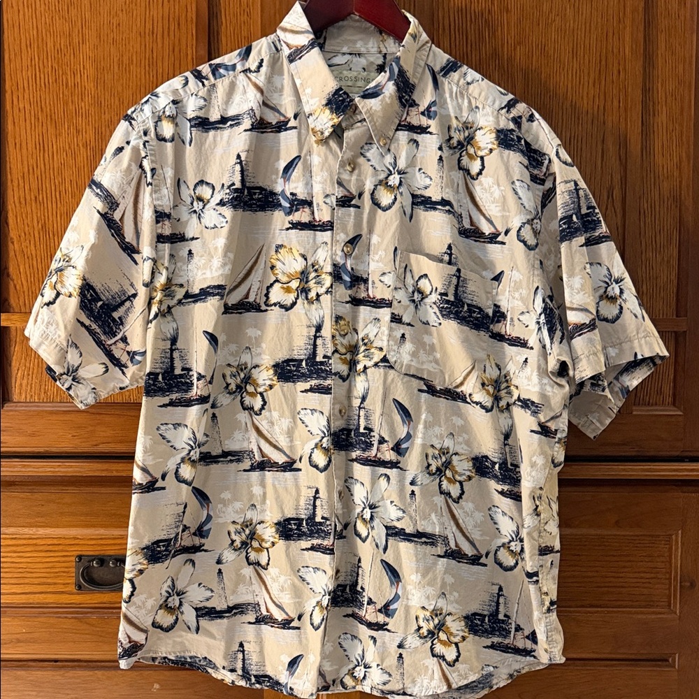 Crossings Nautical Hawaiian Lighthouse Floral Short Sleeve Shirt Grandpa 90 Luau